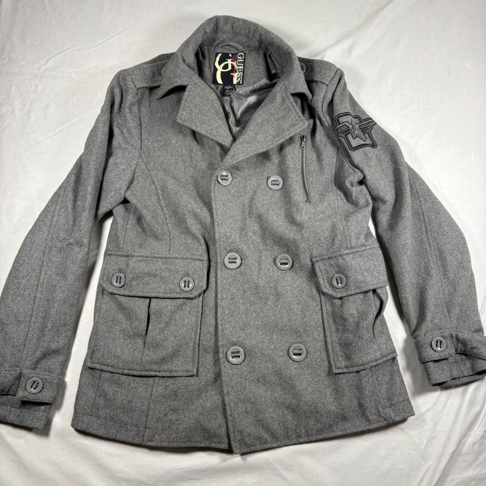 Guess Men Large Gray Wool Blend Double Breasted Pea Coat Jacket Military Style